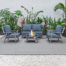LeisureMod Walbrooke Modern Aluminum 5-Piece Patio Conversation Set with Fire Pit Table Navy Blue