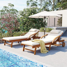 Merax Outdoor Lounge Chair with Adjustable Backrest, Leg Rest and Side Tray, Set of 2 Acacia Wood Patio Folding Chaise Lounge with 3.1" Thick Cushions for Patio Poolside Garden, All-Weather, Beige