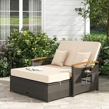 Caforkp Beige Contemporary 3-in-1 Outdoor Daybed Set Adjustable Backrest Storage Ottoman PE Rattan Metal Frame for Patio Garden
