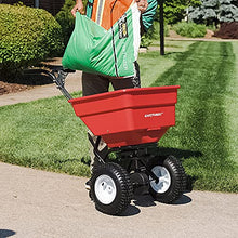 EarthWay 2170 Commercial 100 LB Broadcast Fertilizer Spreader. Red, Heavy-Duty Walk-Behind Push Garden Seeder with Adjustable Drop Rate and Driving Handle. Large 13 inch Pneumatic Stud Tires