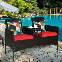 DUYHBAWRS Rattan Conversation Set Loveseat Sofa Cushioned Coffee Table Red