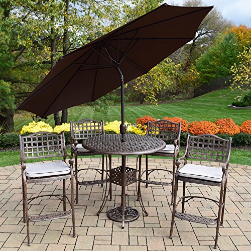 Oakland Living Elite Bar Set with Table, 4 Cushioned Bar Stools, Metal Umbrella, Antique Bronze