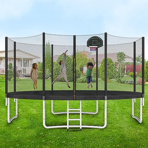 Merax 14FT Trampoline with Safety Enclosure, Basketball Hoop & Ladder Black
