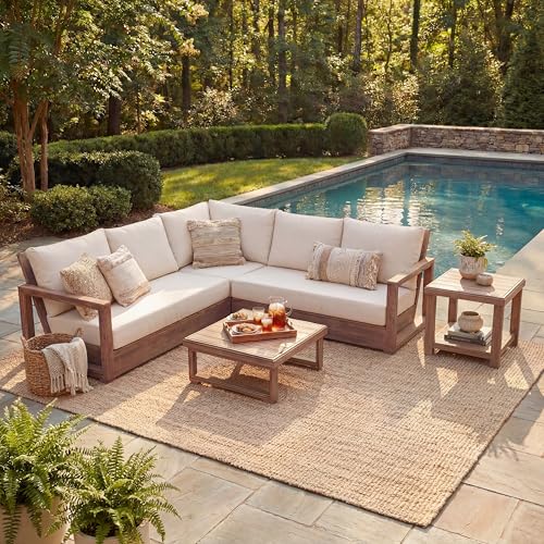 Christopher Knight Home 2 Piece Outdoor Patio Furniture Set Acacia Wood Sofa with Thick Cushions and Slatted Coffee Table, Modular Floor Seating Conversation Set, Natural Wood Finish