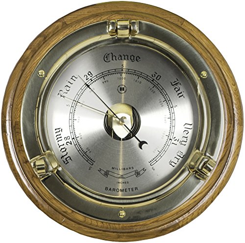 Bey-Berk Lacquered Brass Porthole Barometer on Oak Wood, 9.5"L x 2"W