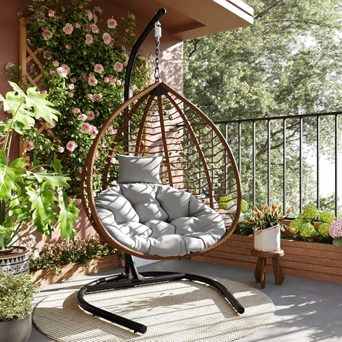 Merax Indoor Outdoor Hanging Hammock Chair with Stand, Brown+Gray