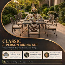 Attliasalon 9-Piece Cast Aluminum Outdoor Dining Set Retro Patio Dining Set for 8 Includes 86.6’’ Rectangular Table and 8 Chairs with Removable Cushion and Umbrella Hole for Patio Deck Garden Porch