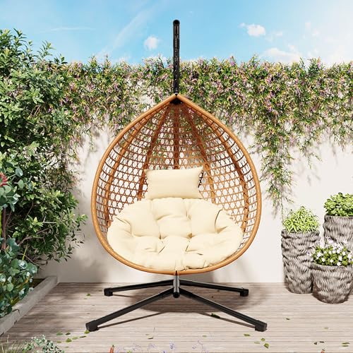 GDFStudio Hammock Chair with Stand, Rattan Weave Hanging Egg Chair with Cushion, Iron Frame Swing Ceiling Chair for Indoor Outdoor Patio Balcony Porch Garden, Patio Furniture, 330lbs, Brown+Beige