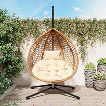 GDFStudio Hammock Chair with Stand, Rattan Weave Hanging Egg Chair with Cushion, Iron Frame Swing Ceiling Chair for Indoor Outdoor Patio Balcony Porch Garden, Patio Furniture, 330lbs, Brown+Beige