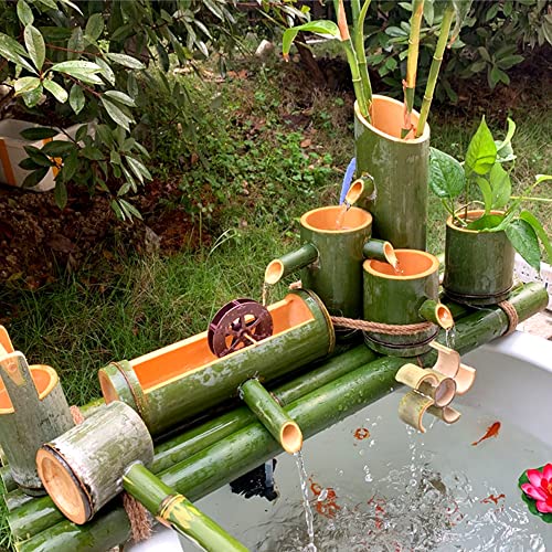 GenSDH Bamboo Fountain with Water Wheel, Water Fountain Garden Decor, Multiple Water Flow Direction Water Circulation System, for Pond Rockery Stone Trough, 90Cm,100cm