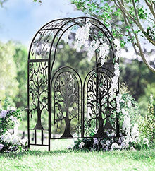 Plow & Hearth Metal Tree of Life Arched Garden Arbor with Gate | 7 feet Tall Laser-Cut Design | Plant Support for Heavy Vines | Landscape Focal Point | Iron Steel
