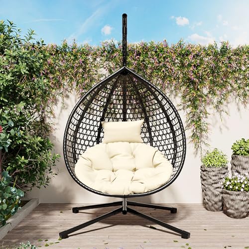 Merax Egg Hanging Chair with Stand, Indoor/Outdoor Swinging Wicker Hammock Chair for Patio, Garden, or Living Room