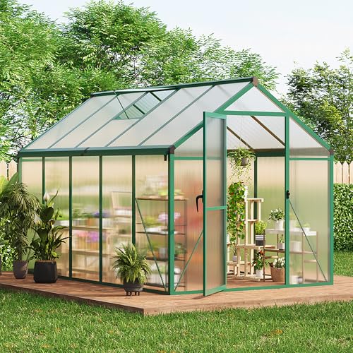 GarveeHome 6X10 FT Greenhouse for Outdoors, Large Walk-in Polycarbonate Greenhouse Kit, Aluminum Frame, Lockable Door, Roof Vent, Ground Spikes, for Garden, Patio, Backyard, Outdoor Plant Growth