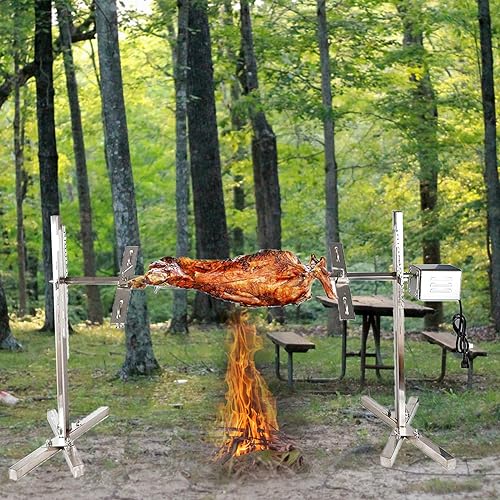 XQZMZSCP 15W Electric Automatic Rotisserie BBQ Set Large Stainless Steel Tripod Rotisserie Spit Roaster Rod, Portable Motor Fork Heavy Duty Machine (Silver 115 * 75cm)