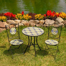 Zaer Ltd. Mosaic Tile Furniture with Black Metal Frame and Patterned Tile Tops (Bar Harbor - Black/Blue/Green, Bistro Set (2 Chairs, 1 Table))