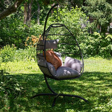 Sunnydaze Delaney Black Resin Wicker Hanging Egg Chair with Powder-Coated Steel Stand - Gray Polyester Cushions - 81 Inches H
