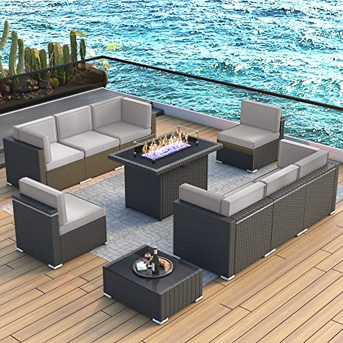 LayinSun 10 Piece Patio Furniture Set with 44" Propane Gas Fire Pit Table F10-black/Light Grey