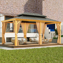 Euker 12x20 FT Outdoor Hardtop Gazebo Heavy-Duty Galvanized Steel Double Roof with Netting and Sunshade Curtains Wood Grain