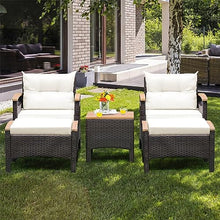 ZSLKDL 5PCS Patio Rattan Furniture Set Sofa Ottoman Cushioned Table W/Wood Top