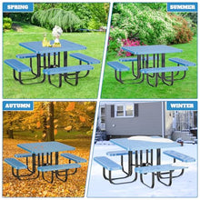 46" Square Top Outdoor Picnic Table Set for Up to 8 Persons, Outside Table Set with 4 Built-in Benches, Metal Commercial Grade Dining Furniture with Umbrella Hole for Garden, Backyard, Patio, Blue