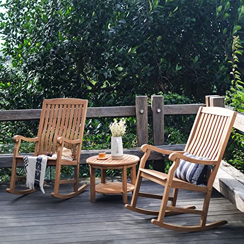 Generic 3-Piece Teak Outdoor Rocking Chair Chat Set Natural Farmhouse Wood Finish White