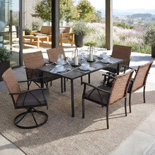 Andehomy 7-Piece Patio Dining Set for 6, Outdoor Dining Set with Wicker Swivel Patio Dining Chairs with Cushions & Black Rectangular Woodgrain Dining Table with 1.75”Umbrella Hole, Black & Brown