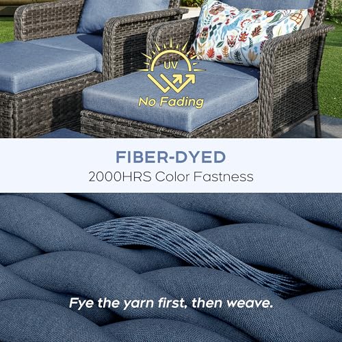 Yechen Patio Conversation Set with 44" Propane Fire Pit Table - 6 Pcs Blue Wicker Outdoor Furniture