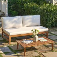 Merax Patio Acacia Wood Deep Seating Loveseat with Coffee Table, Teak+Cream