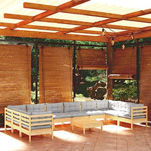 KPOTUERTU 11 Piece Pinewood Patio Lounge Set with Gray Cushions