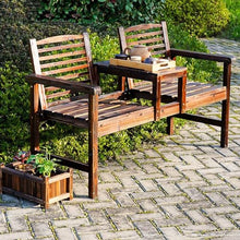 Outdoor Garden Park Bench, Weatherproof Wood Yard Bench Lawn Patio Porch Bench with Backrest and Arms, Two-Person Seat with Table, for Backyard/Balcony/Entry