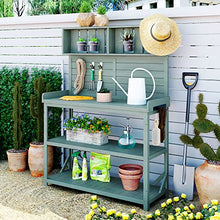 AMNOOL 65 Inch Large Wooden Farmhouse Antique Outdoor Potting Bench Patio Work Station Garden Potting Bench with 4 Storage Shelves and Side Hooks for Garden Patio Backyard, Green