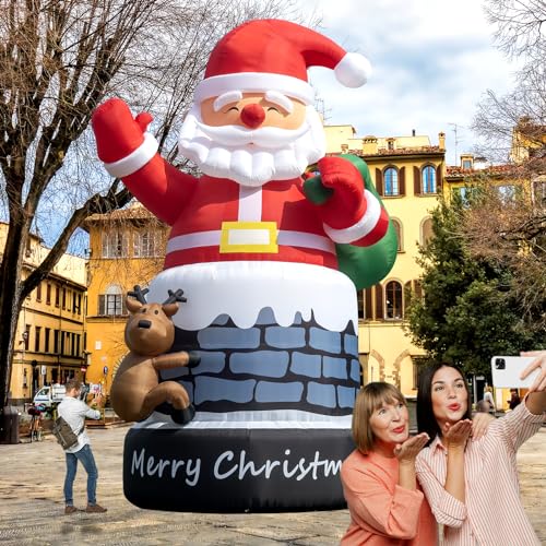 Inflantteble Giant Christmas Inflatable Santa Claus with Reindeer in Chimney 20FT Red