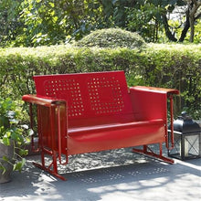 Pemberly Row Metal Loveseat Glider, 48.75 in Wide, Steel Frame, Bright Red Gloss Finish, Weatherproof Powder-Coated Outdoor Patio Furniture for Porch, Balcony, or Small Spaces