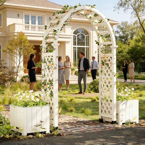 Garden Arbor with Planter Boxes, Arch Backdrop Stand for Plant Climbing, 86" H Outdoor Arch Trellis, Wedding Archway Party Decor for Backyard, Lawn, Patio(White)