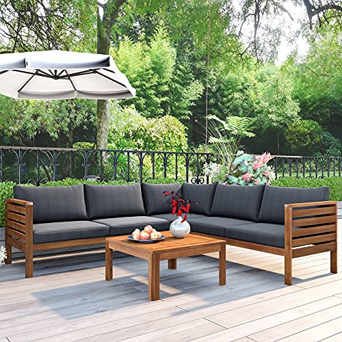 Merax Outdoor L Shaped Sofa with Coffee Table & Armrest & Beige Cushions, Strong Wood Structure Exotic Patio Furniture Set Water-Resistant, for Garden Balcony Poolside (Gray)