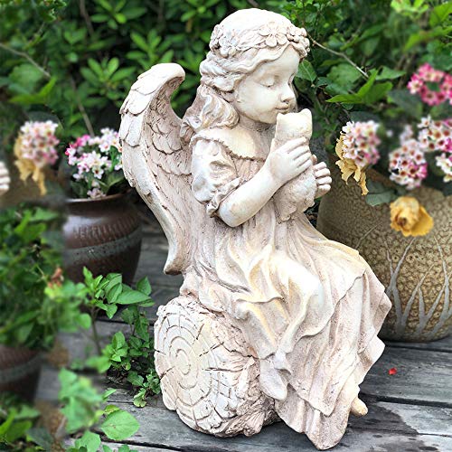 Garden Cherub Statue |Angel Holding A Rabbit,Resin Garden Figurine for Outdoor Home Yard Decor,A-Kissing Cat