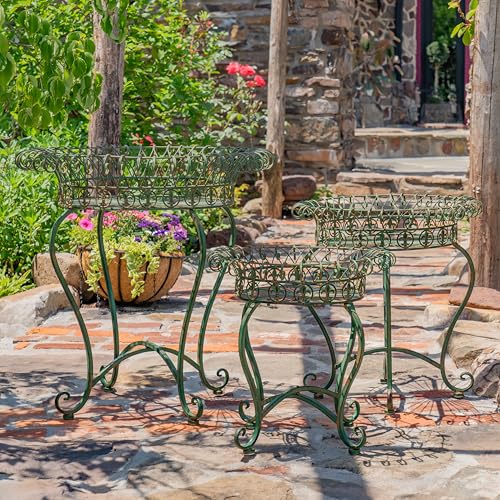 Set of 3 Round Iron Wire Basket Plant Stands "London 1820" (Antique Green)