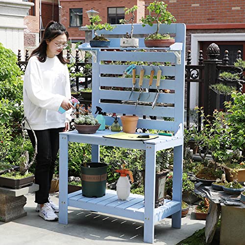 Garden Potting Bench Table Wooden,Outdoor Prep Station with Storage, Shelf, Hook, Planting Bench for Garden, Backyard, Or Storage (Blue)