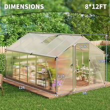 8x12 FT Greenhouses for Outdoors – Walk-in Polycarbonate Greenhouse with Roof Vent, Lockable Swing Door, Heavy-Duty Aluminum Frame Green House for Garden, Backyard, Patio (Silver)