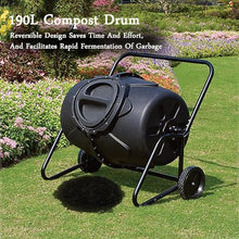 HUTOOLEE Garden Compost Bin, 190L Outdoor 360° Tumbling Composter with Wheels and Ventilation System, Built-in Air Pipe/Easy to Move, for Fast Creation of Fertile Soil
