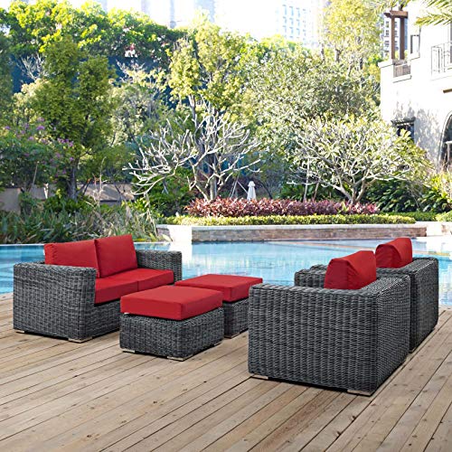Modern Contemporary Outdoor Patio Lounge Sectional Sofa Set, Rattan Wicker, Grey Red
