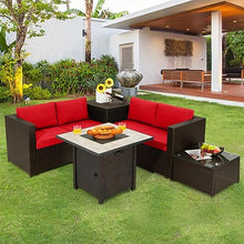 5 PCS Patio Rattan Furniture Set 30" Fire Pit Table W/Cover Cushion Red