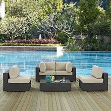 Modway Sojourn Wicker Rattan 5 Piece Outdoor Patio Sunbrella Sectional Set in Canvas Antique Beige