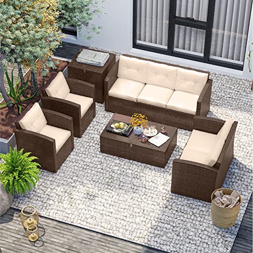 Nestl 6-Piece Patio Furniture Set with Storage Box, Brown Wicker/Beige Cushions