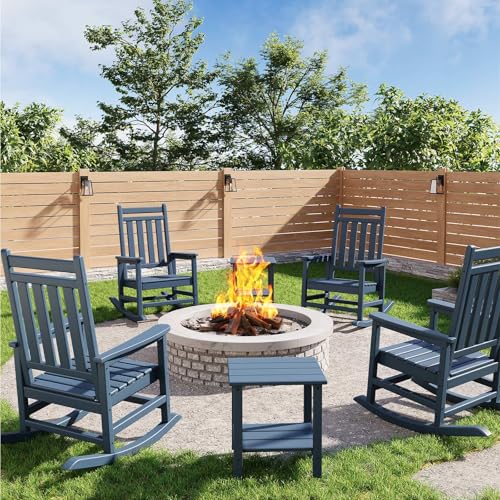 HDPE Rocking Chair Outdoor Set of 4 with 2 Side Table, High Back Rocker