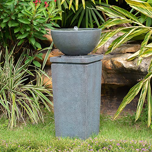 Zen Garden Fountain - 35.5" Gray Polyresin Bowl Water Feature for Patio, Lawn, Birdbath