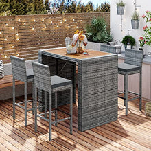 5-Piece Outdoor Wicker Bar Set with Acacia Wood Table and 4 Bar Height Chairs, Removable Cushions, Non-Slip Feet, Rope Secured Seating, Patio, Balcony, Garden, Poolside, Brown Wood Gray Wicker