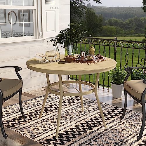24/7 Shop at Home Cato Modern Aluminum 40 in. Outdoor Round Bistro Table with Umbrella Hole for Outdoor Kitchen, Patio, Pool Area, Natural Brown