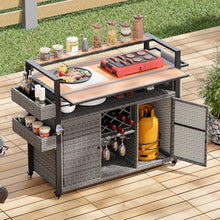 Merax 52.8" W Wicker Outdoor Grill Cart with Extended Plastic Wood Table Top, Rolling Kitchen Island on Wheels with Storage Cabinet, for Patio Backyard Garden Poolside, Double Handle Design, Grey