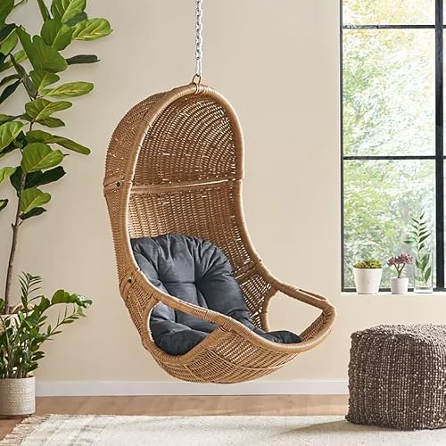 Christopher Knight Home Mariaz Hanging Basket Chair with Cushion, Outdoor Indoor Basket Chair, Boho Garden Rattan Lounger Porch Swing Furniture, Modern Patio Decor, Brown+Gray